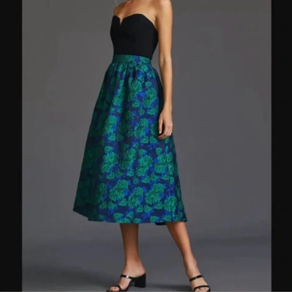 NWT Anthropologie Sunday in Brooklyn Jacquard Blue and Green Floral Midi Skirt